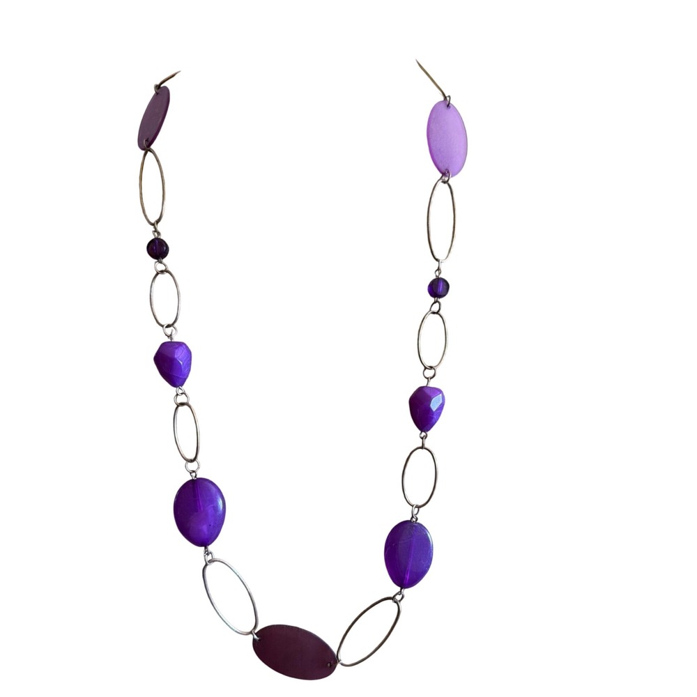 Purple Bead Silver Tone Oval Link Long Station Necklace Lyering Boho